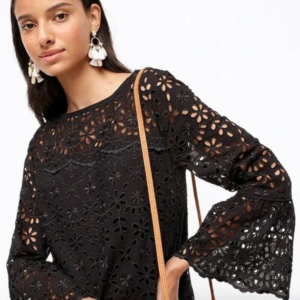 J. Crew Bell sleeve Embroidered Eyelet Dress in Black Size 6 NWT